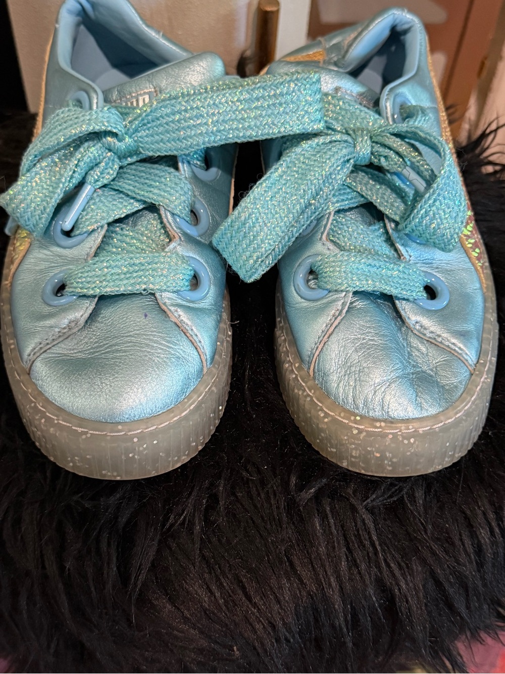Puma Basket Platform Reset Sneakers – Metallic Blue with Glitter Soles sz 9